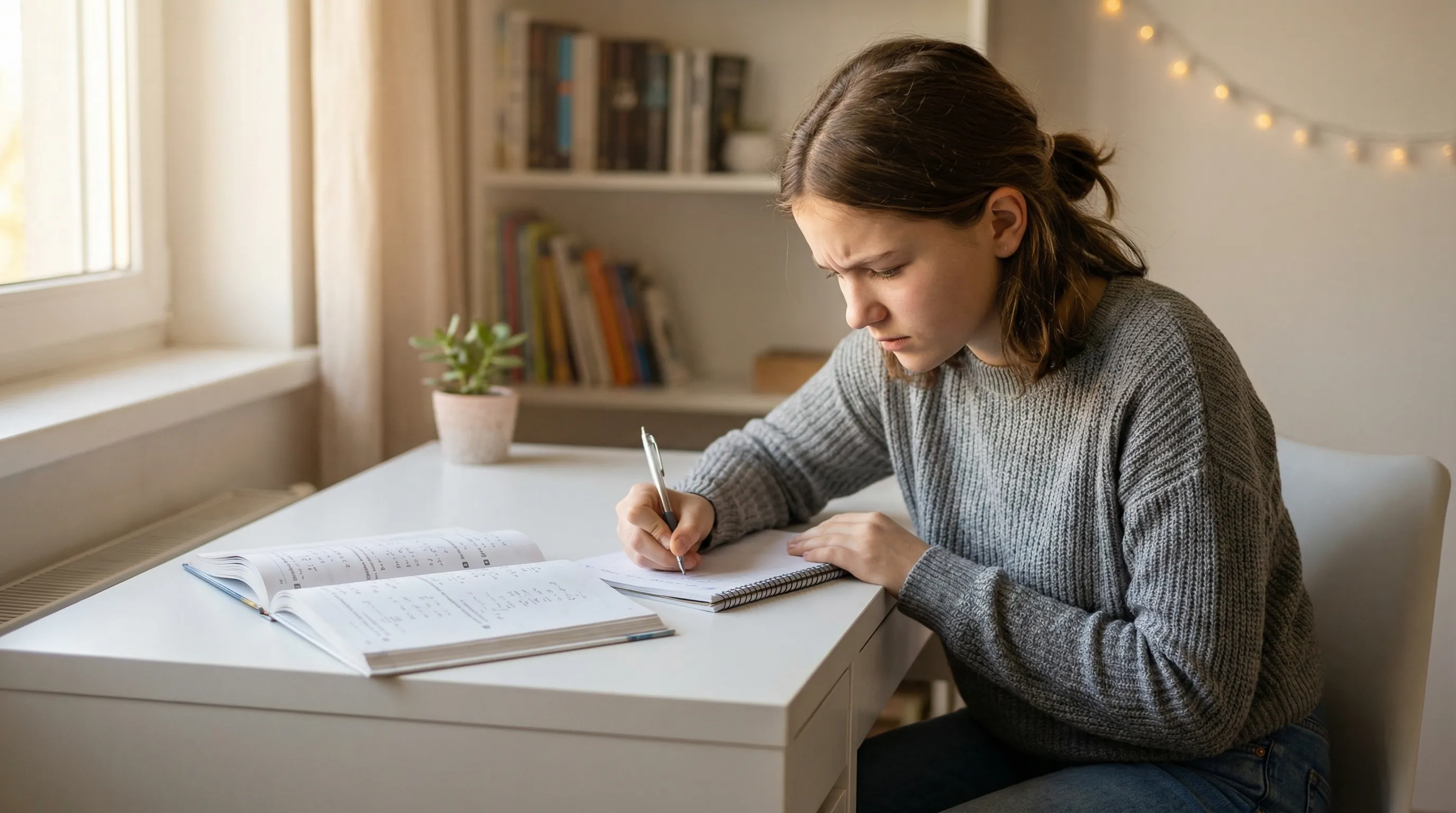 Učenica se priprema za malu maturu - piše u svesci pored udžbenika iz matematike